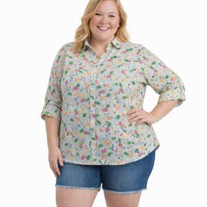 Talbots Pineapple Watermelon Button Up Roll Tab Shirt XL